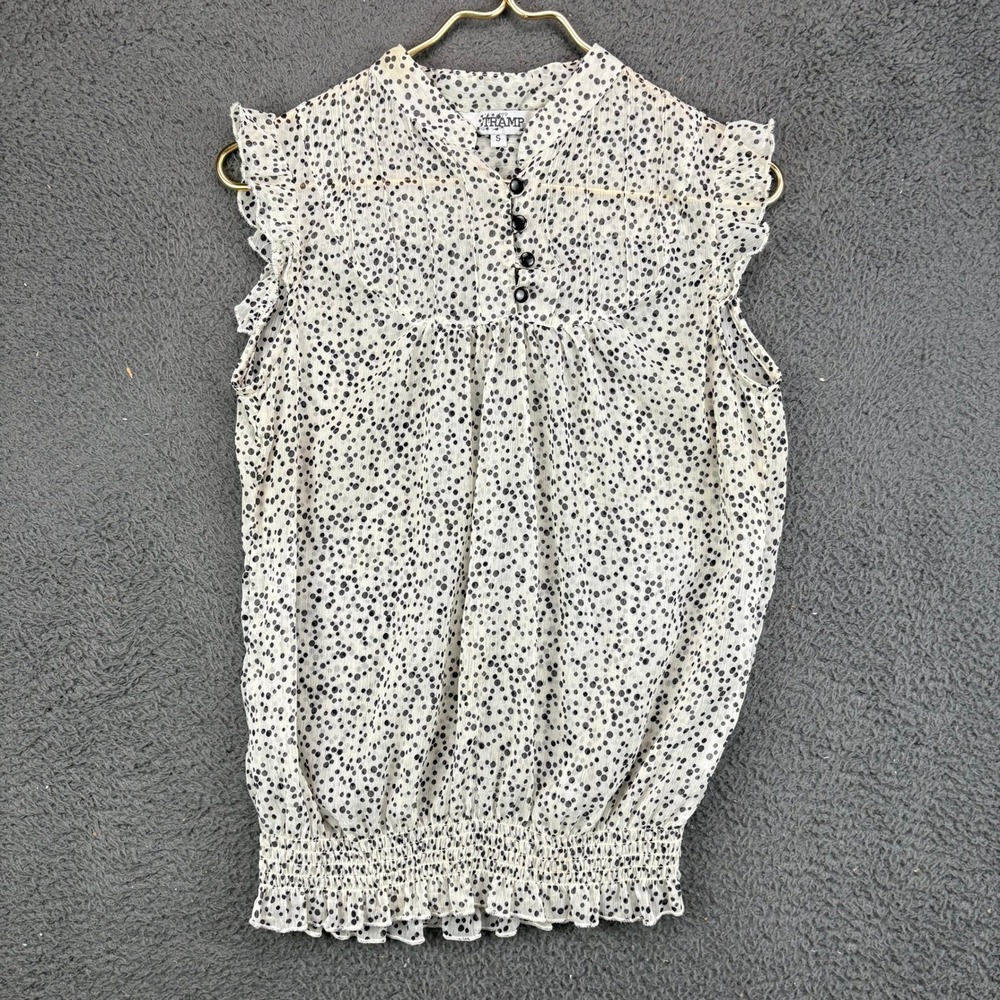 Tramp Womens Polka Dot Ruffle Sleeve Smocked Waist Blouse White Black‎ Small